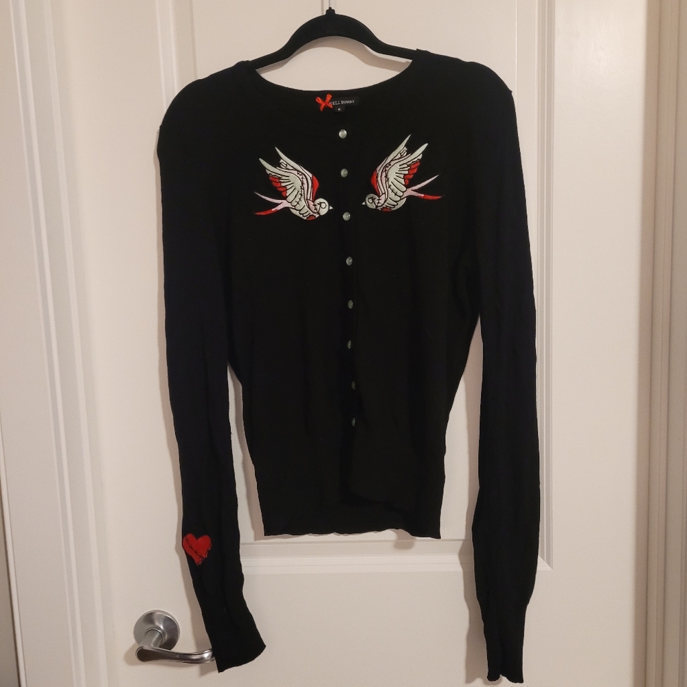 Hell Bunny Black Button-Down Cardigan with Red & White Swallow Embroidery